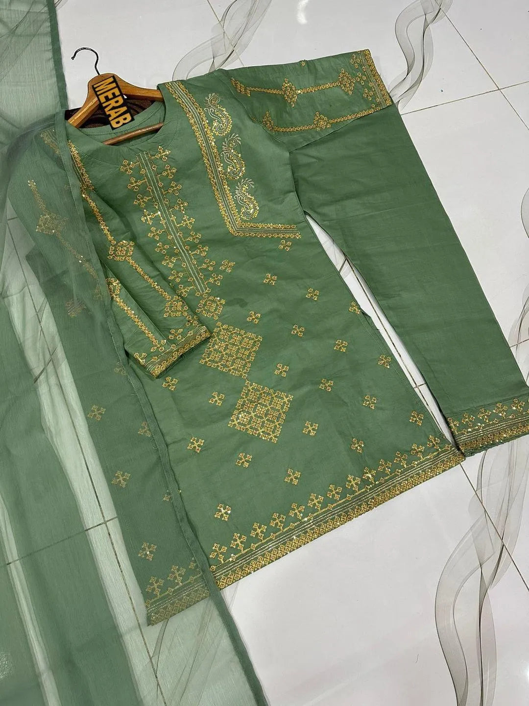 MERAB Sage Green Embroidered 3-Piece Suit