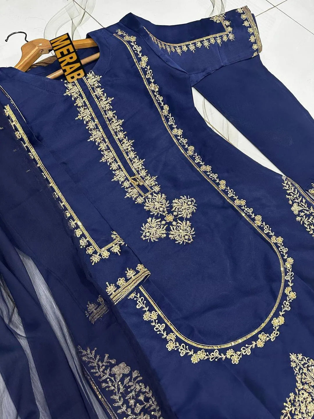 Navy Blue 3-Piece Embroidered Suit | Golden Floral Tilla Work Kurta, Trouser & Dupatta Set