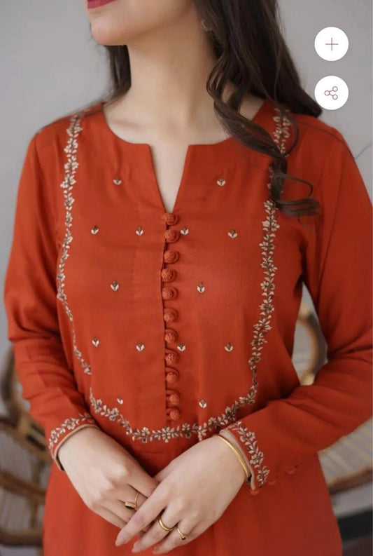 Rust Orange Embroidered Kurta | Floral Border & Potli Button 2-Piece Set