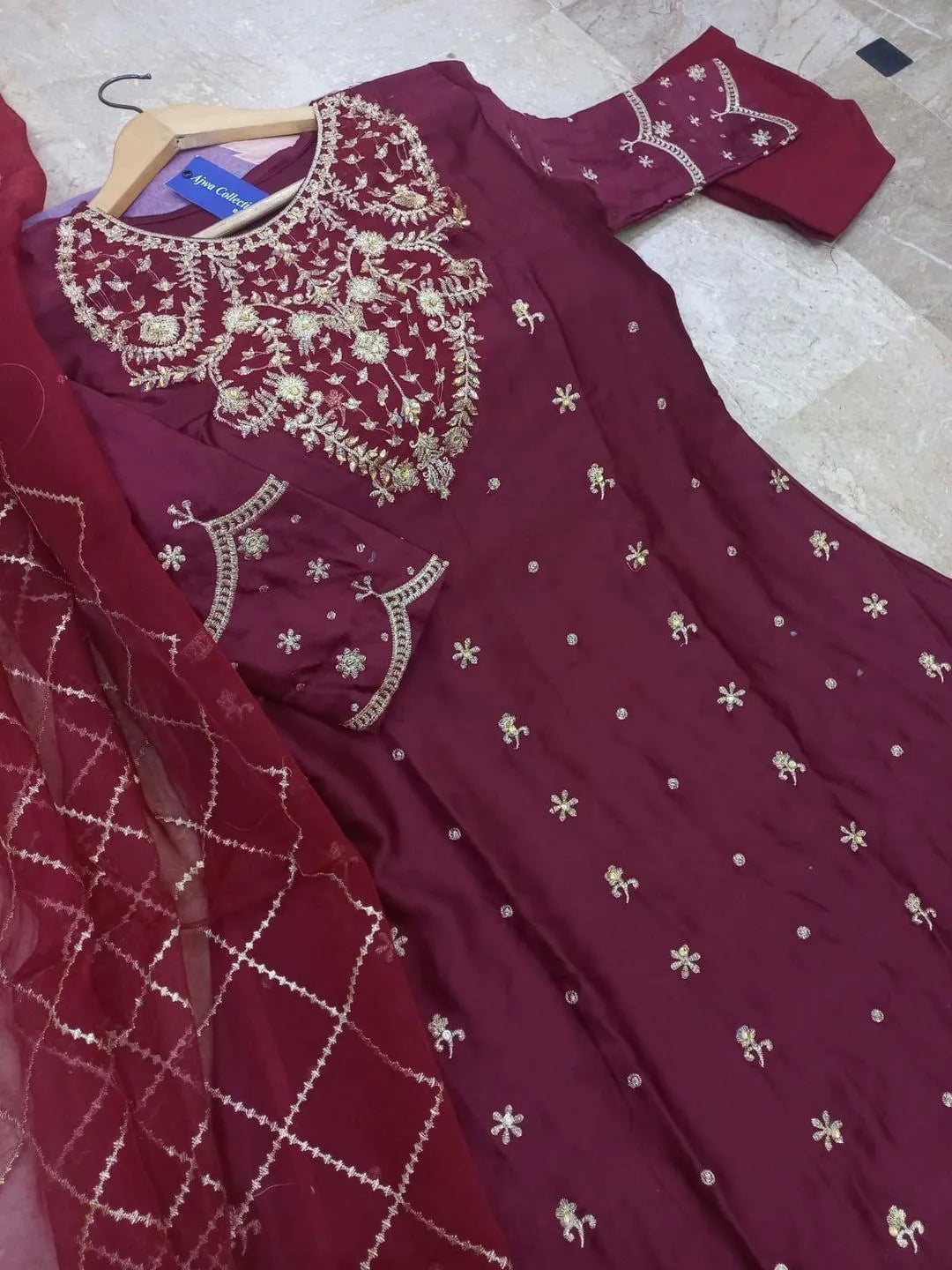 Wine Maroon Embroidered 3-Piece Silk Suit | Heavy Neckline & Jaal Dupatta Set