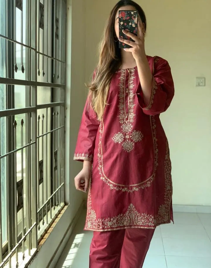 Royal Maroon Embroidered 2-Piece Suit | Golden Tilla Work Kurta & Trouser Set