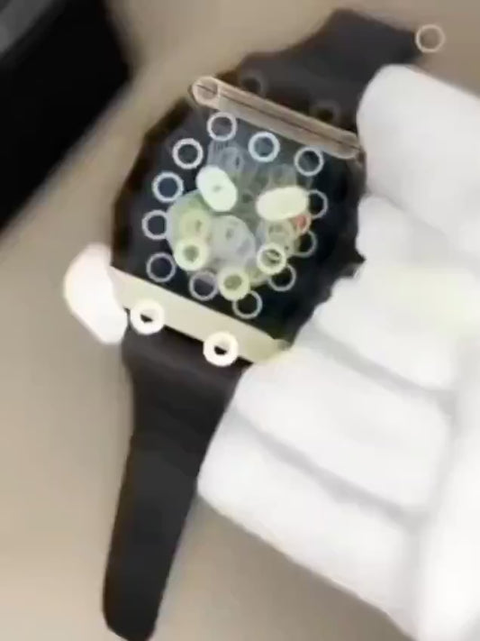 Luxury Skeleton Automatic Mechanical Watch | Black Tonneau Case with Rubber Strap for Men