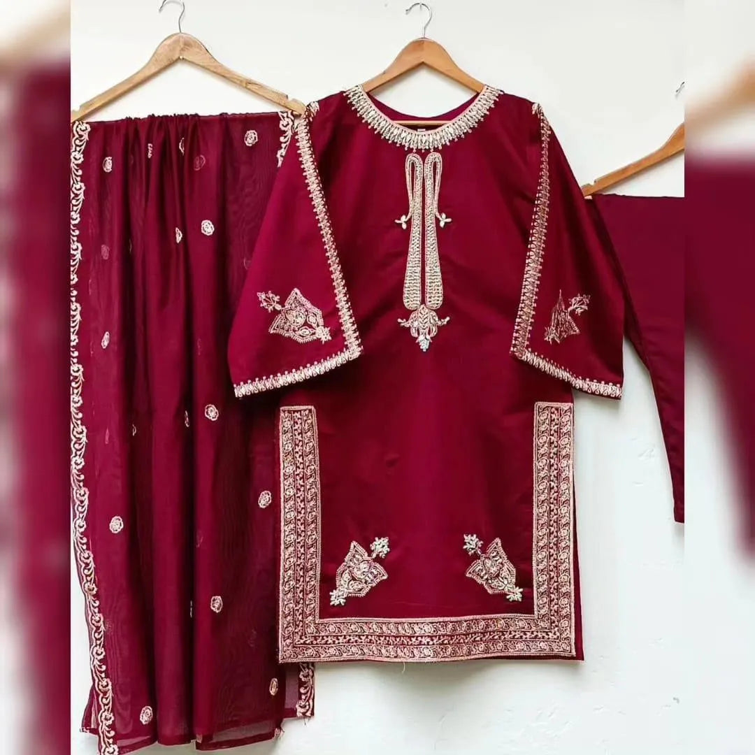 Maroon Embroidered 3-Piece siclk Suit | Golden Tilla Work Kurta, Trouser & Chiffon Dupatta