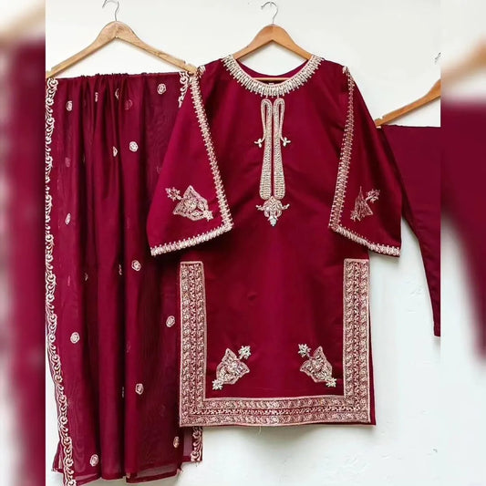 Maroon Embroidered 3-Piece siclk Suit | Golden Tilla Work Kurta, Trouser & Chiffon Dupatta