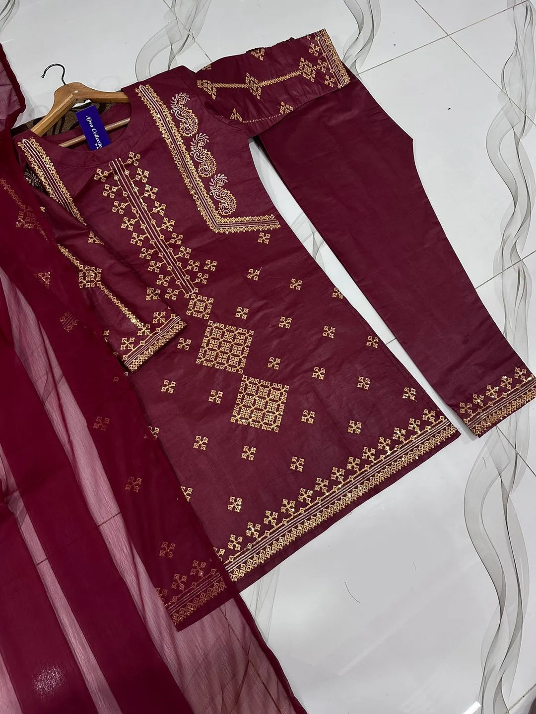 Ajwa Collection Royal Maroon 3-Piece Embroidered Suit | Golden Tilla Work Kurta, Trouser & Dupatta Set