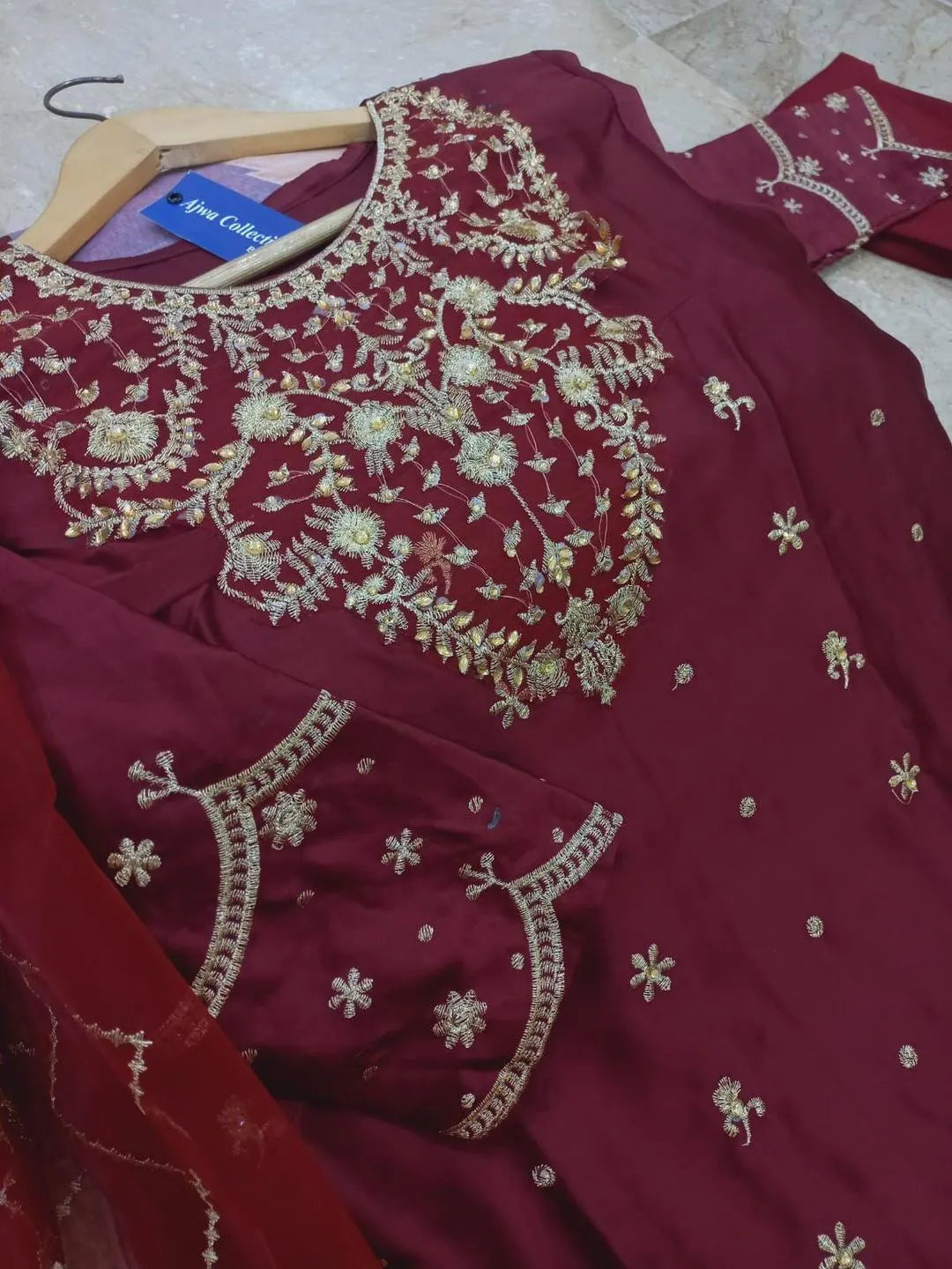 Wine Maroon Embroidered 3-Piece Silk Suit | Heavy Neckline & Jaal Dupatta Set