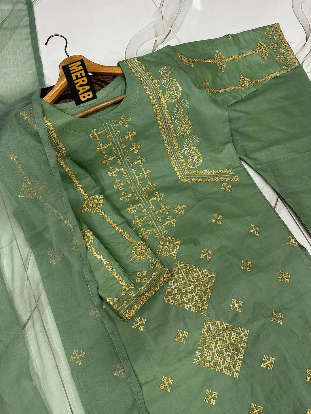 MERAB Sage Green Embroidered 3-Piece Suit