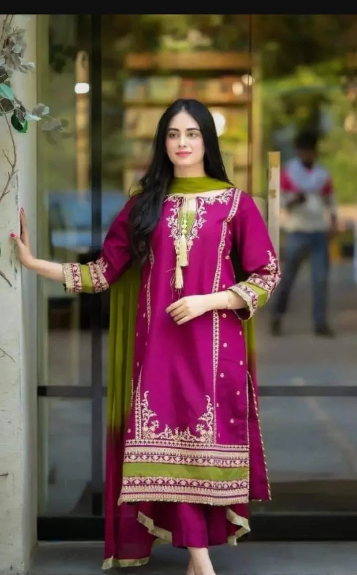 Magenta & Olive Green Embroidered 3-Piece Lawn Suit | Festive Kurta, Trouser & Dupatta Set for Women