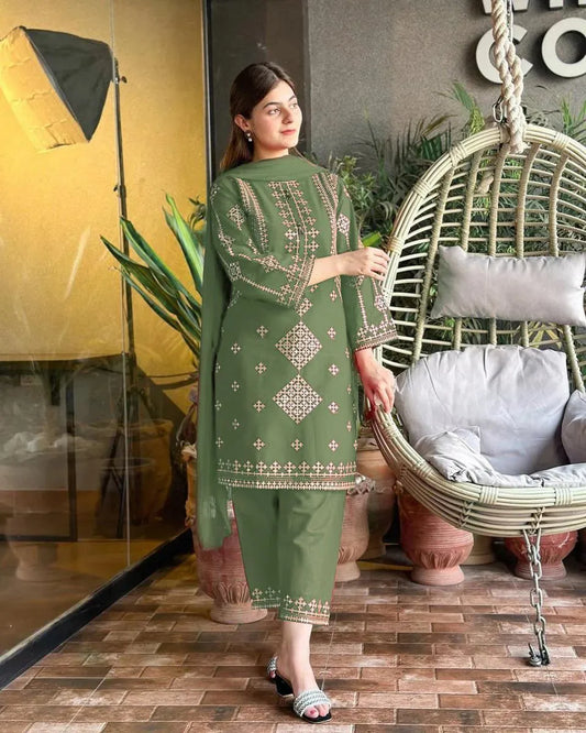 MERAB Sage Green Embroidered 3-Piece Suit