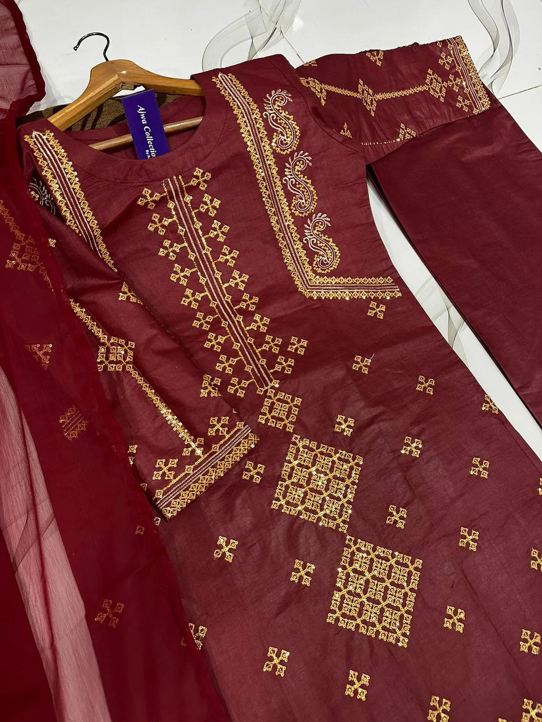 Ajwa Collection Royal Maroon 3-Piece Embroidered Suit | Golden Tilla Work Kurta, Trouser & Dupatta Set
