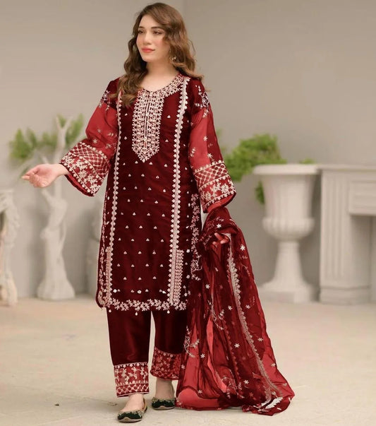Blue Linen 2-Piece Wedding & Party Outfit with Golden Embroidery