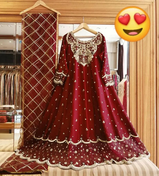 Wine Maroon Embroidered 3-Piece Silk Suit | Heavy Neckline & Jaal Dupatta Set