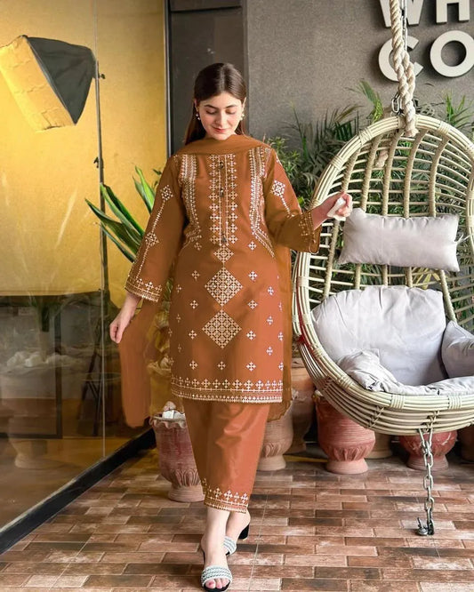 Caramel Brown Embroidered 3-Piece Suit | White Geometric Chikankari Lawn Set with Dupatta