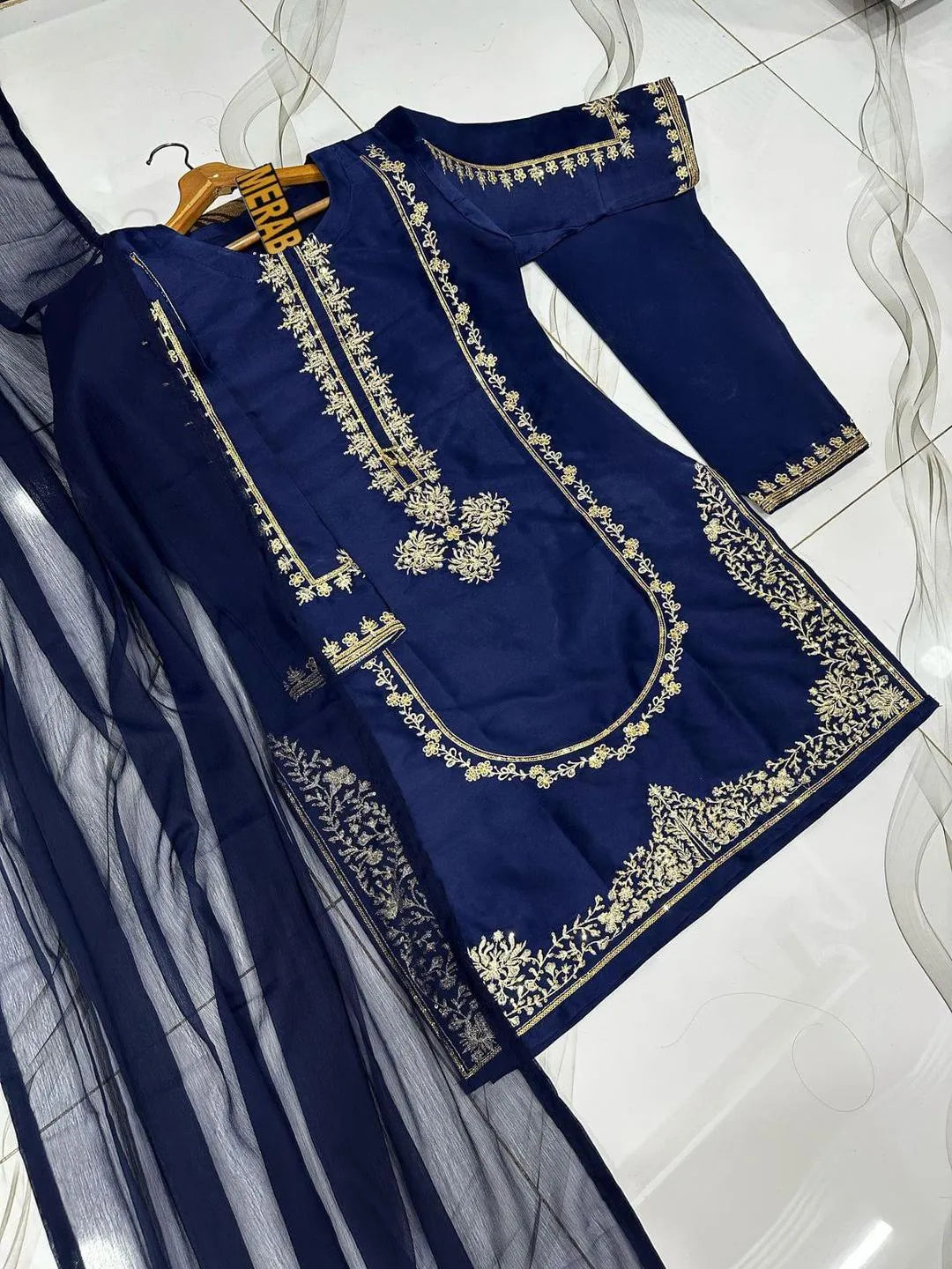 Navy Blue 3-Piece Embroidered Suit | Golden Floral Tilla Work Kurta, Trouser & Dupatta Set