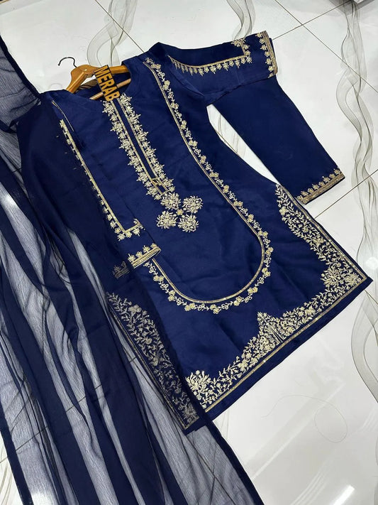 Navy Blue 3-Piece Embroidered Suit | Golden Floral Tilla Work Kurta, Trouser & Dupatta Set
