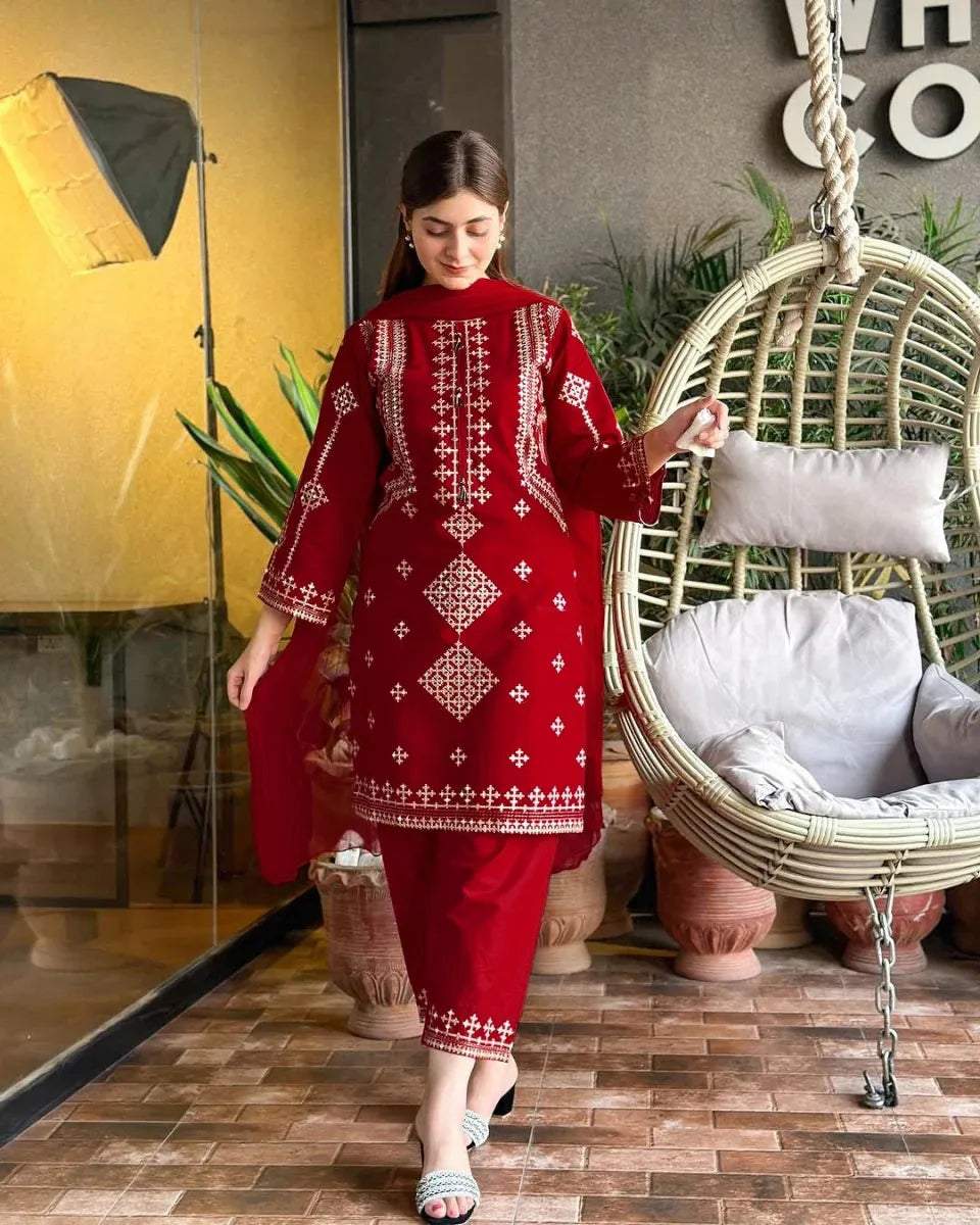 Ajwa Collection Royal Maroon 3-Piece Embroidered Suit | Golden Tilla Work Kurta, Trouser & Dupatta Set