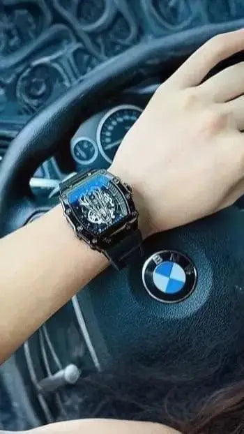 Luxury Skeleton Automatic Mechanical Watch | Black Tonneau Case with Rubber Strap for Men
