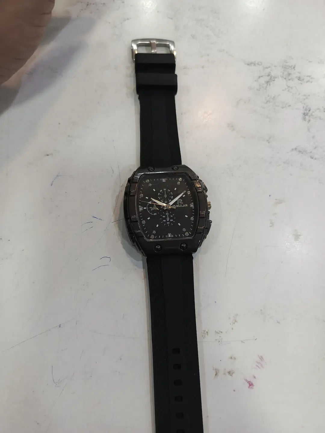 TUBULAR Luxury Chronograph Watch for Men | Black Tonneau Case with Rubber Strap & Crystal Accents