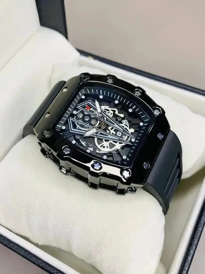 Luxury Skeleton Automatic Mechanical Watch | Black Tonneau Case with Rubber Strap for Men