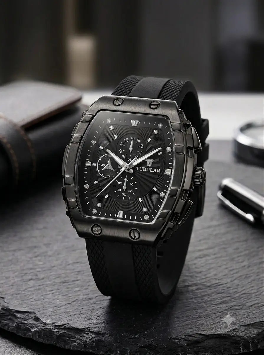 TUBULAR Luxury Chronograph Watch for Men | Black Tonneau Case with Rubber Strap & Crystal Accents