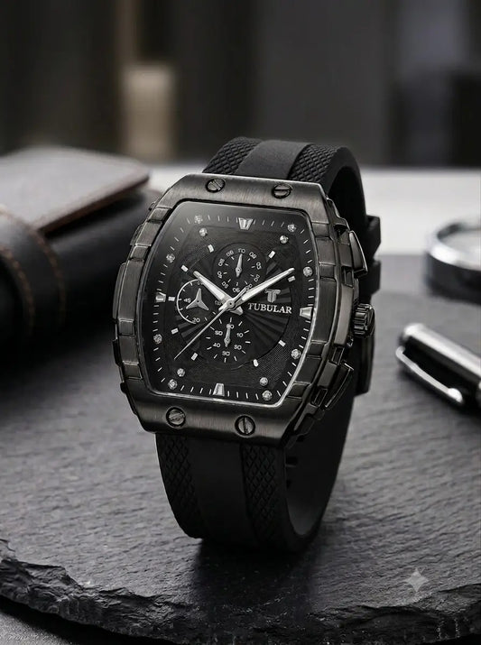 TUBULAR Luxury Chronograph Watch for Men | Black Tonneau Case with Rubber Strap & Crystal Accents