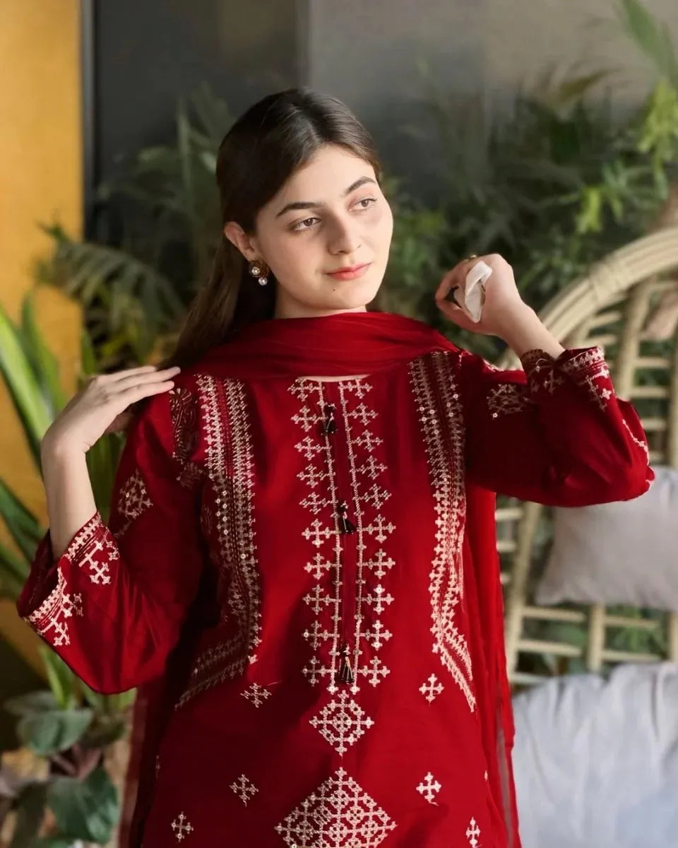 Ajwa Collection Royal Maroon 3-Piece Embroidered Suit | Golden Tilla Work Kurta, Trouser & Dupatta Set