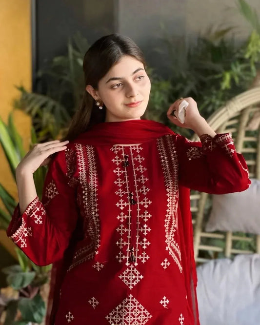 Ajwa Collection Royal Maroon 3-Piece Embroidered Suit | Golden Tilla Work Kurta, Trouser & Dupatta Set