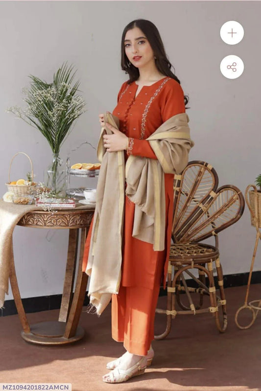 Rust Orange Embroidered Kurta | Floral Border & Potli Button 2-Piece Set