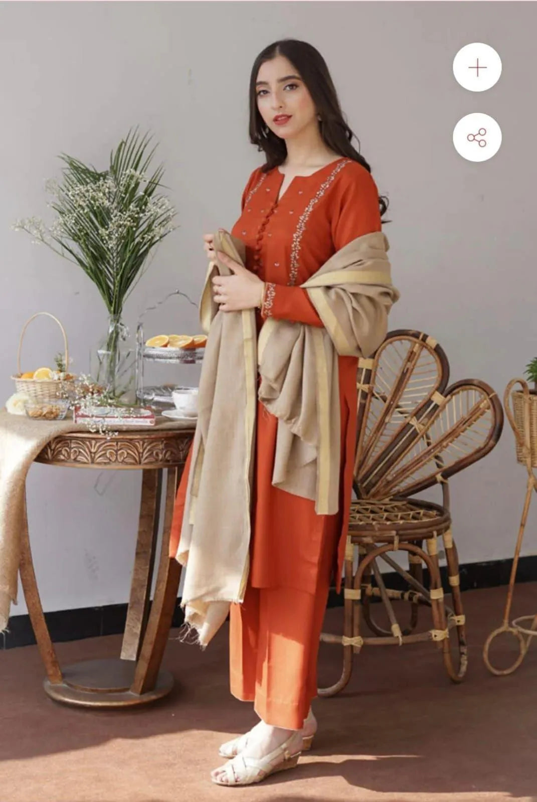 Rust Orange Embroidered Kurta | Floral Border & Potli Button 2-Piece Set