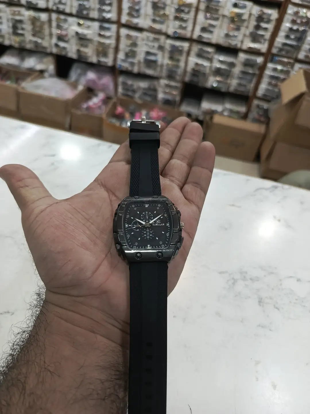 TUBULAR Luxury Chronograph Watch for Men | Black Tonneau Case with Rubber Strap & Crystal Accents