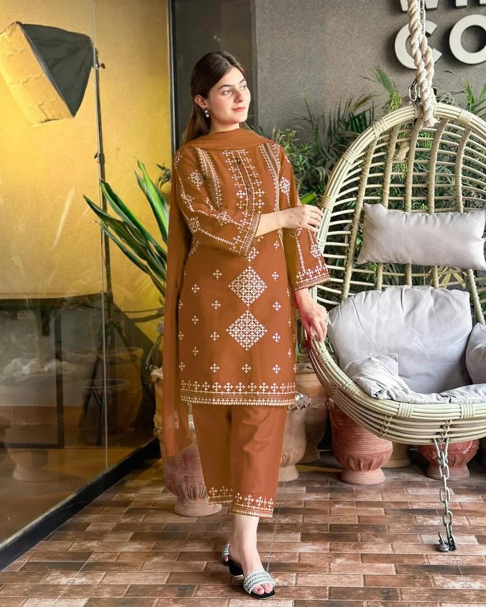 Caramel Brown Embroidered 3-Piece Suit | White Geometric Chikankari Lawn Set with Dupatta