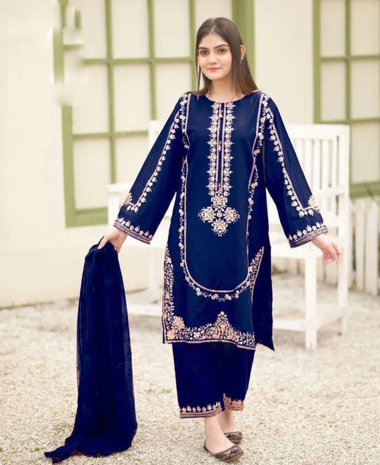 Navy Blue 3-Piece Embroidered Suit | Golden Floral Tilla Work Kurta, Trouser & Dupatta Set