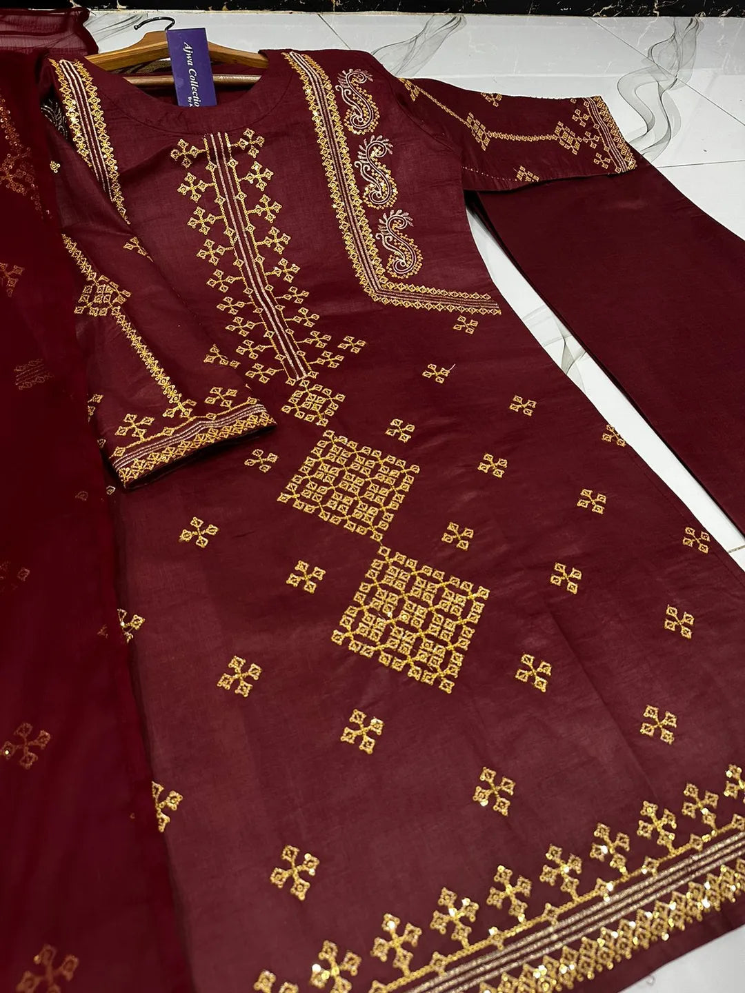 Ajwa Collection Royal Maroon 3-Piece Embroidered Suit | Golden Tilla Work Kurta, Trouser & Dupatta Set