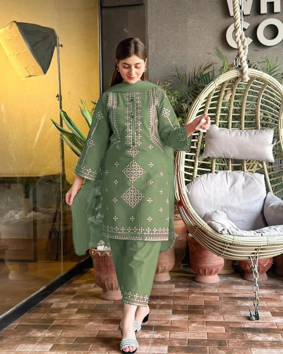 MERAB Sage Green Embroidered 3-Piece Suit