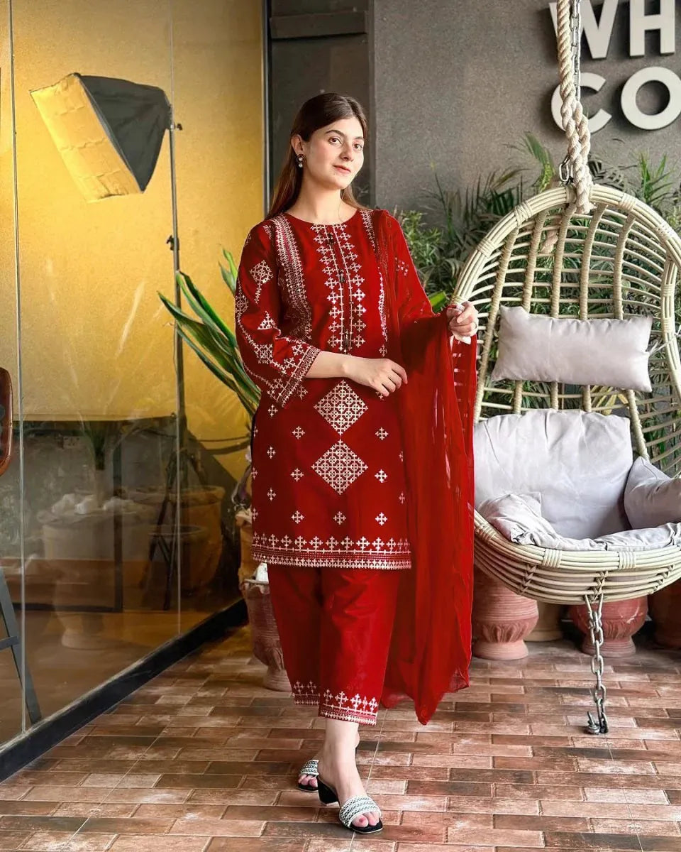 Ajwa Collection Royal Maroon 3-Piece Embroidered Suit | Golden Tilla Work Kurta, Trouser & Dupatta Set