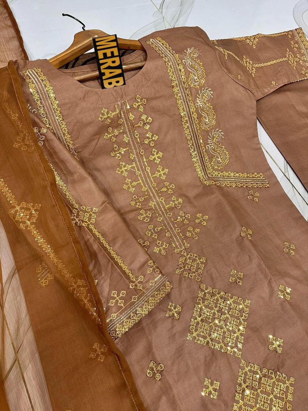 Caramel Brown Embroidered 3-Piece Suit | White Geometric Chikankari Lawn Set with Dupatta