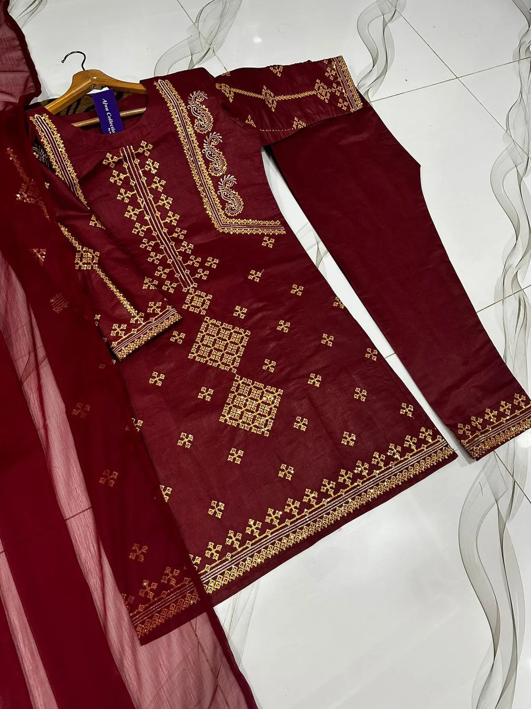 Ajwa Collection Royal Maroon 3-Piece Embroidered Suit | Golden Tilla Work Kurta, Trouser & Dupatta Set