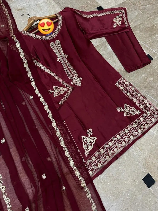 Maroon Embroidered 3-Piece siclk Suit | Golden Tilla Work Kurta, Trouser & Chiffon Dupatta
