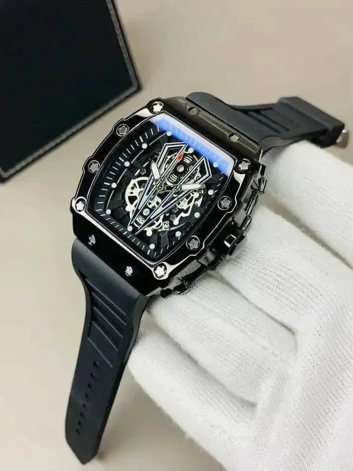 Luxury Skeleton Automatic Mechanical Watch | Black Tonneau Case with Rubber Strap for Men