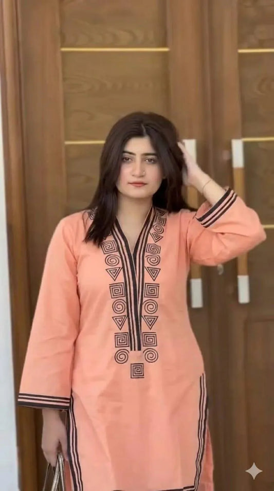 Peach Geometric Embroidered Kurta | Black Tribal Print 3-Piece Lawn Set